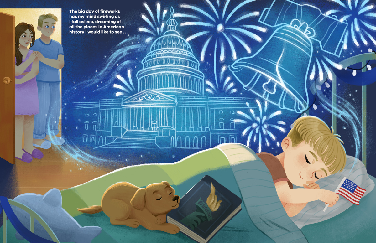 doppia pagina illustrata per il libro Goodnight Young American
